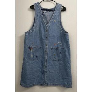 Vintage J.L.N.Y. Denim Sleeveless Jumper Dress Size 1X Floral Embroidery